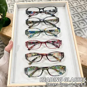 Women's Plastic Square Floral Reading Glasses, Vintage Art Style High-End Trendy Casual Hip-Hop Fashion Eyewear, 6 Pairs, Stylish Eyeglass