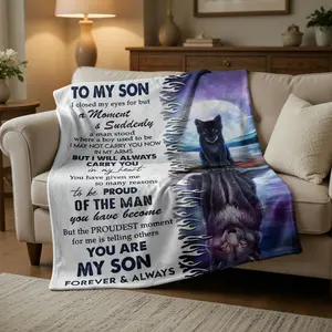 To My Son Black Wolf Blanket Soft Flannel Throw "I Will Always Carry You In My Heart" Emotional Mom Gift for Sons Birthday Present