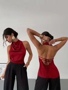 Burgundy Wine Elegant Satin Smooth Backless Top, Halter Neck, Stylish Women's Blouse for Casual & Formal Wear, Comfortable, Fitted and Chic Design, Womenswear