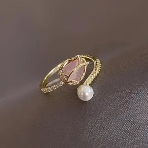 1pc Women's Elegant Open Adjustable Zirconia Tulip Bud Pearl Ring - Rose Gold, Gold-Colored Dainty Pearl Rings - Fashion Party Jewelry, Ideal Gift for Christmas, Valentine's Day