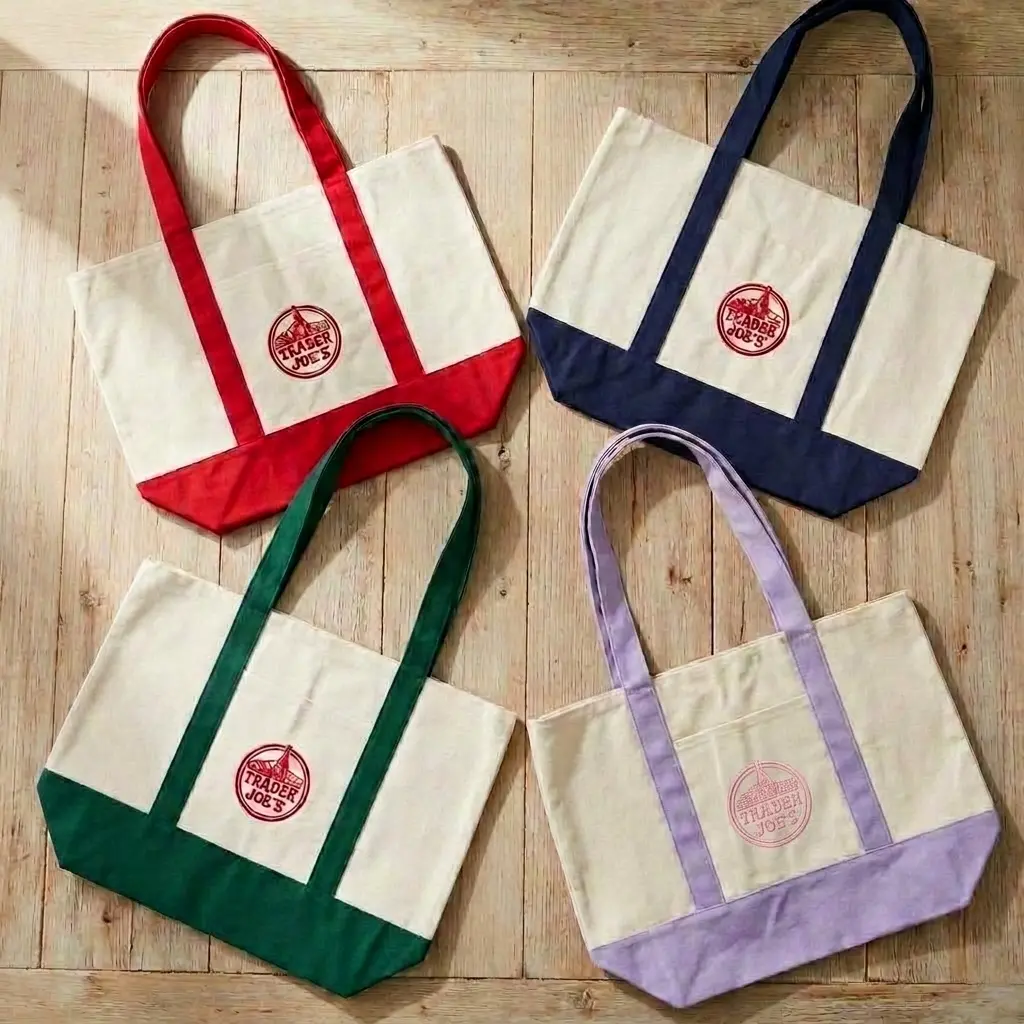 51cm long, 36cm wide, 1cm high Trader Joe’s Extra Large Women's Floral Tote Bag Extra Large Oversized Canvas Tote Bag, Heavy Duty Reusable Grocery Shopping Bag with Embroidered Logo, Multi Color Strap & Bottom Cotton Shoulder Bag for Work Travel Beach