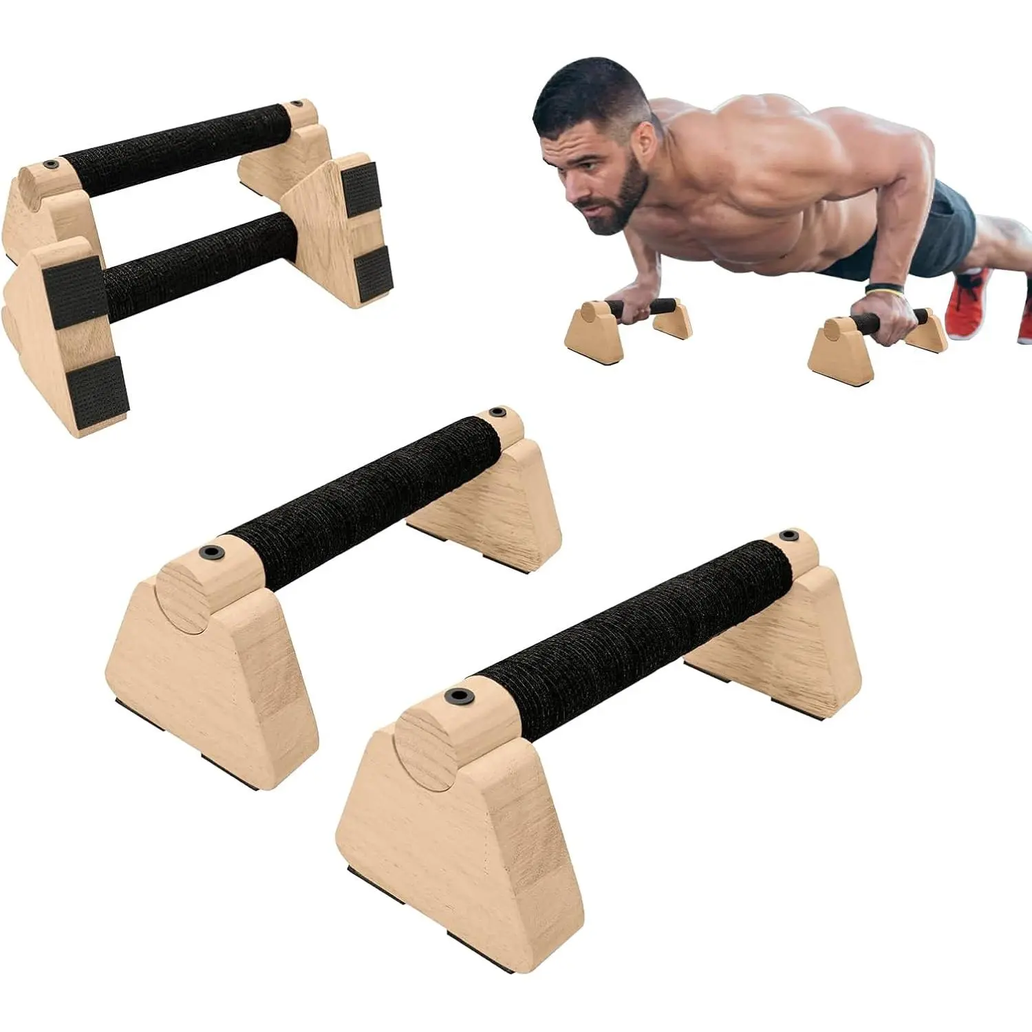 2-Piece Sturdy Wooden Parallettes Bars, Unisex Calisthenics Strength Training Equipment with Anti-Slip Base, Push-Up Handles Fitness Blocks, Two Piece Set