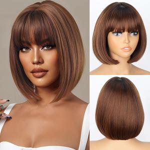 Missqueen Short Brown Bob Wig for Women Auburn Brown Wig with Bangs Synthetic Hair Light Highlight Brown Bob Wig for Daily Party Cosplay summerwins