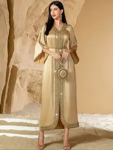 Women's Fashionable Beaded Belted Dress, Middle Eastern Style, Fresh Look, Shiny Fabric, Perfect for Casual Wear