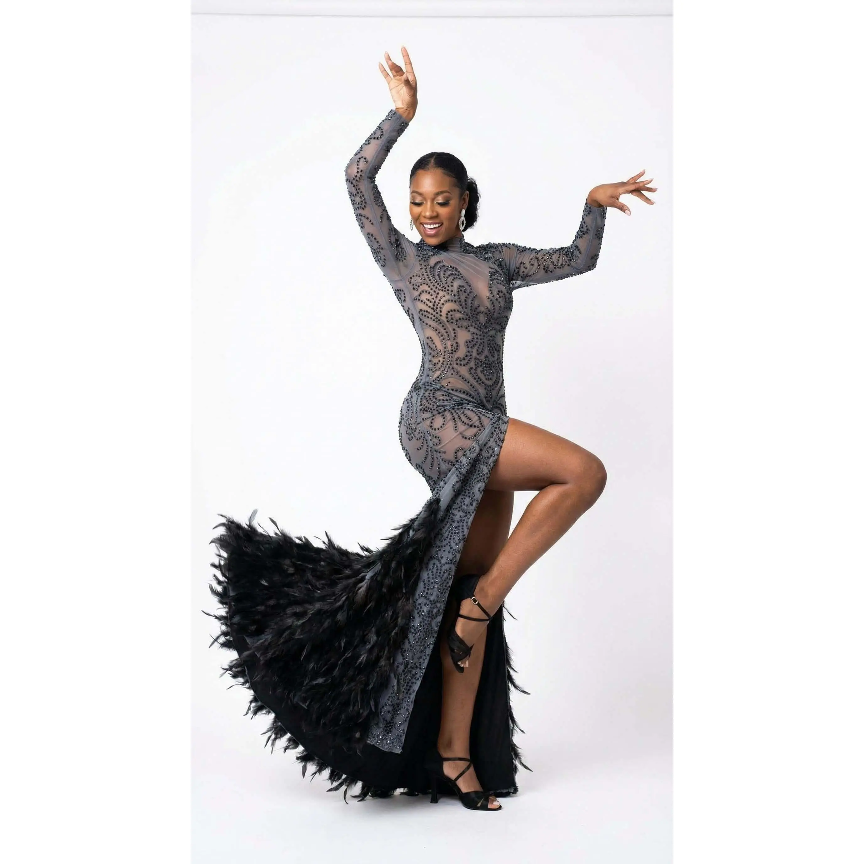 New Women's Beaded Tight Feather Long Jumpsuit Dress