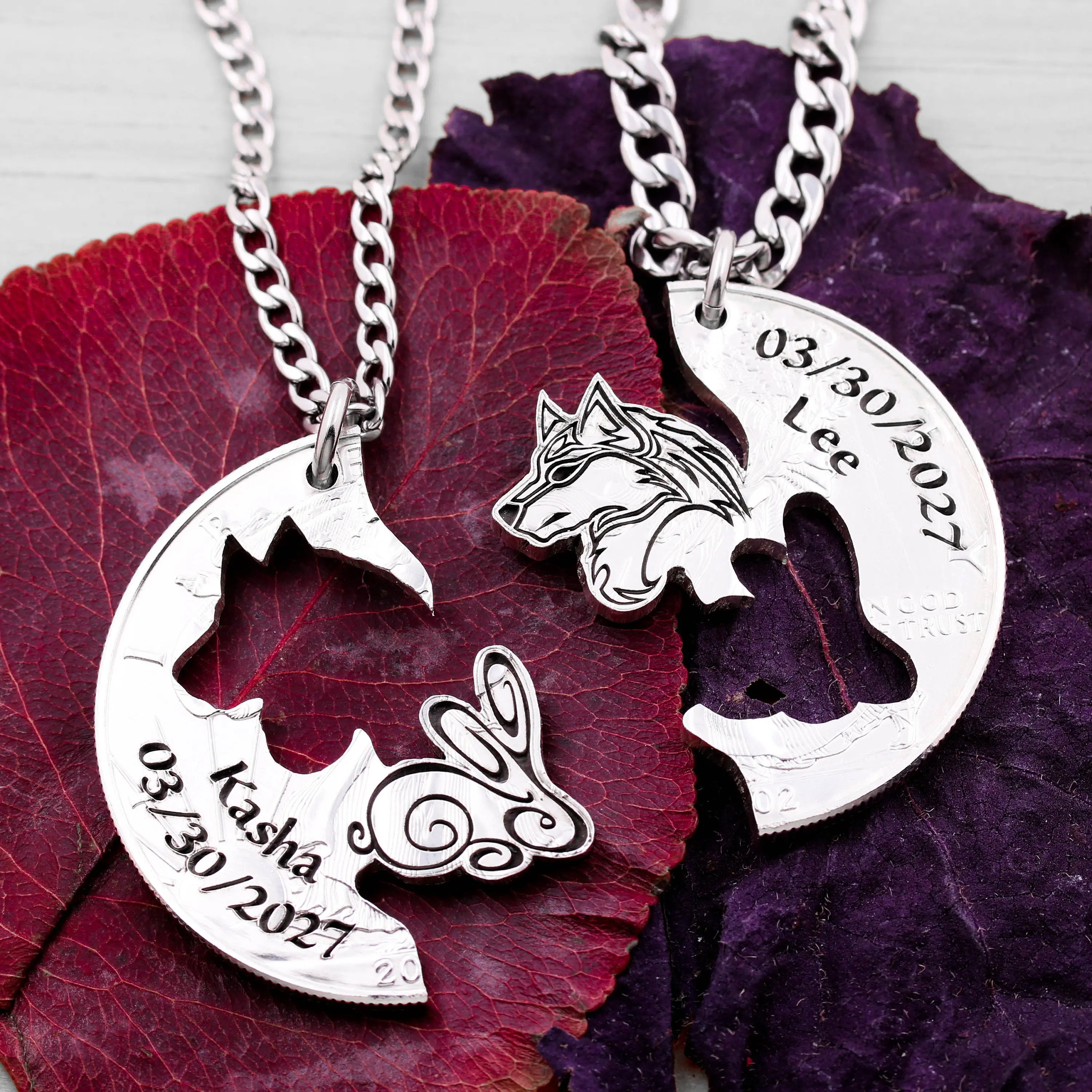 Wolf and Bunny Necklaces with Engraved Custom Names and Dates, Animal Jewelry, BFF and Couples Relationship Set, Hand Cut Coin