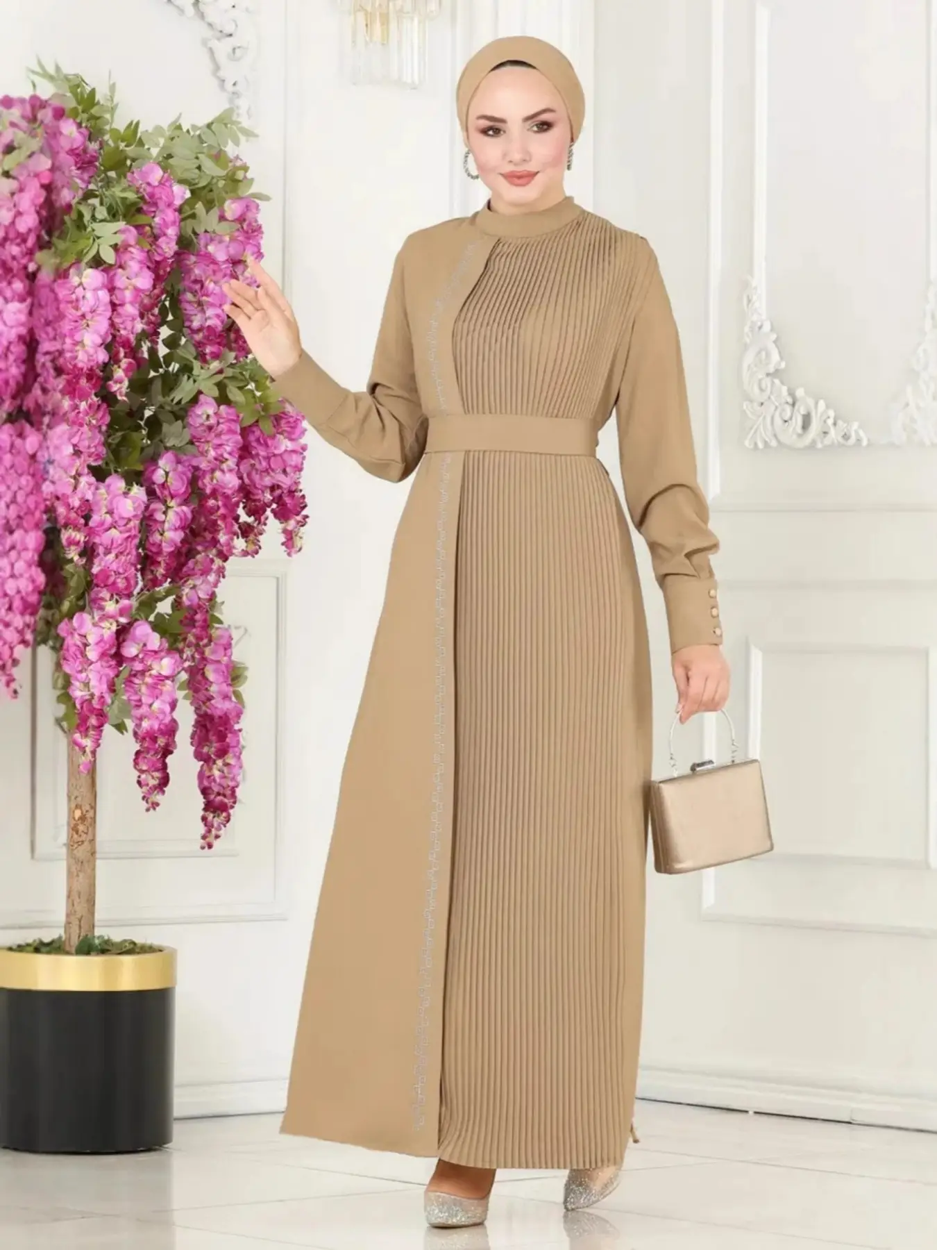 Women's Elegant Plain Woven Abaya Dress, Loose-Fitting Stand Collar Belted Maxi Dress, All Seasons Fashionable Long Sleeve Robe, Solid Color Abaya