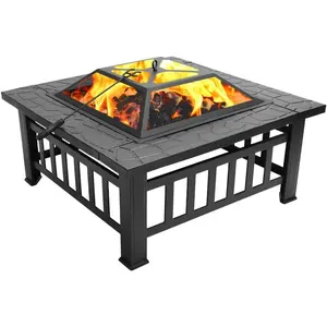 VINGLI 32in Wood Fire Pit with Mesh Lid and Fire Poker, Portable Outdoor Fireplace Burning FirePit for Chrismas Backyard Patio Outside Picnic BBQ Party