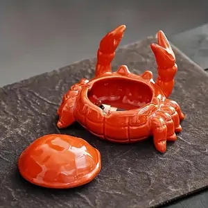 Charming Crab Ceramic Ashtray with Lid, Anti-Fly Home Office Decor, Decor Figurine, Unique Irregular Shape, No Power Needed, Tea Pet Accessory