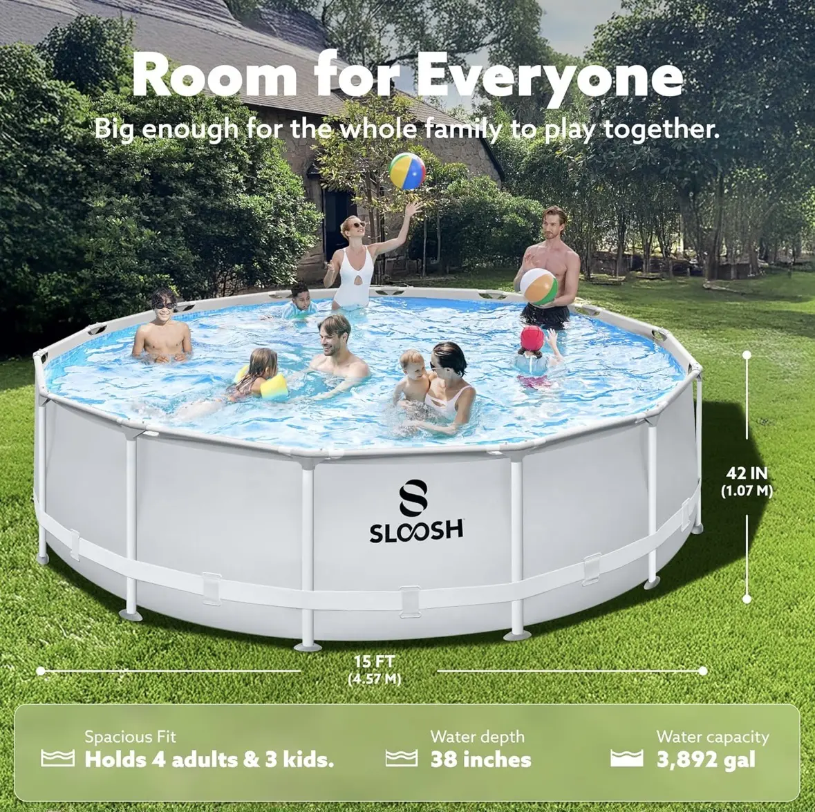 SLOOSH 15ft x 42in Round Frame Above Ground Swimming Pool Set, Outdoor Home Improvement Garden Pool Supply