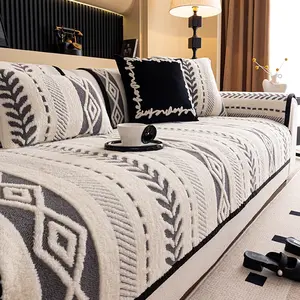 Bohemian Embroidered Plush Sofa Cover Slipcover, Dustproof Sofa Cover, Non-Slip Single Piece, Soft Cozy Polyester Fabric, Suitable for Living Room & Bedroom