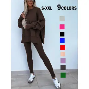 Women’s solid long-sleeve pullover and leggings sweatsuit set, casual sporty style outfit featuring a crewneck sweatshirt and skinny pants, two-piece set for daily outdoor wear, ladies sportswear for spring and fall