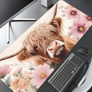 Floral Highland Cow Cute Design Large Gaming Mouse Pad, Aesthetic Desktop Protection Pad, Washable Rubber Pad Non-Slip Lock Edge Multi-Size Mouse Pad, Mousepad Suitable For Home Office, Desk Accessories, Good Gift for Family and Friends