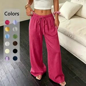 Women’s summer classic wide-leg beach pants with pockets, solid color drawstring casual trousers for travel and vacations
