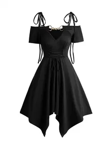 2025 Women's Cold Shoulder Gothic Dresses Lace Up Asymmetric Dress Tie Knot Shoulder Chain Solid Color Short Sleeve Black Dress