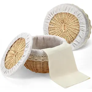 10 Inches Round Rattan Boxes with Lid and 2 Pcs Cotton Towel Cloth Wicker Storage Bin Rustic Rattan Woven Basket for Storage Organization Woven Box, Daisy Style