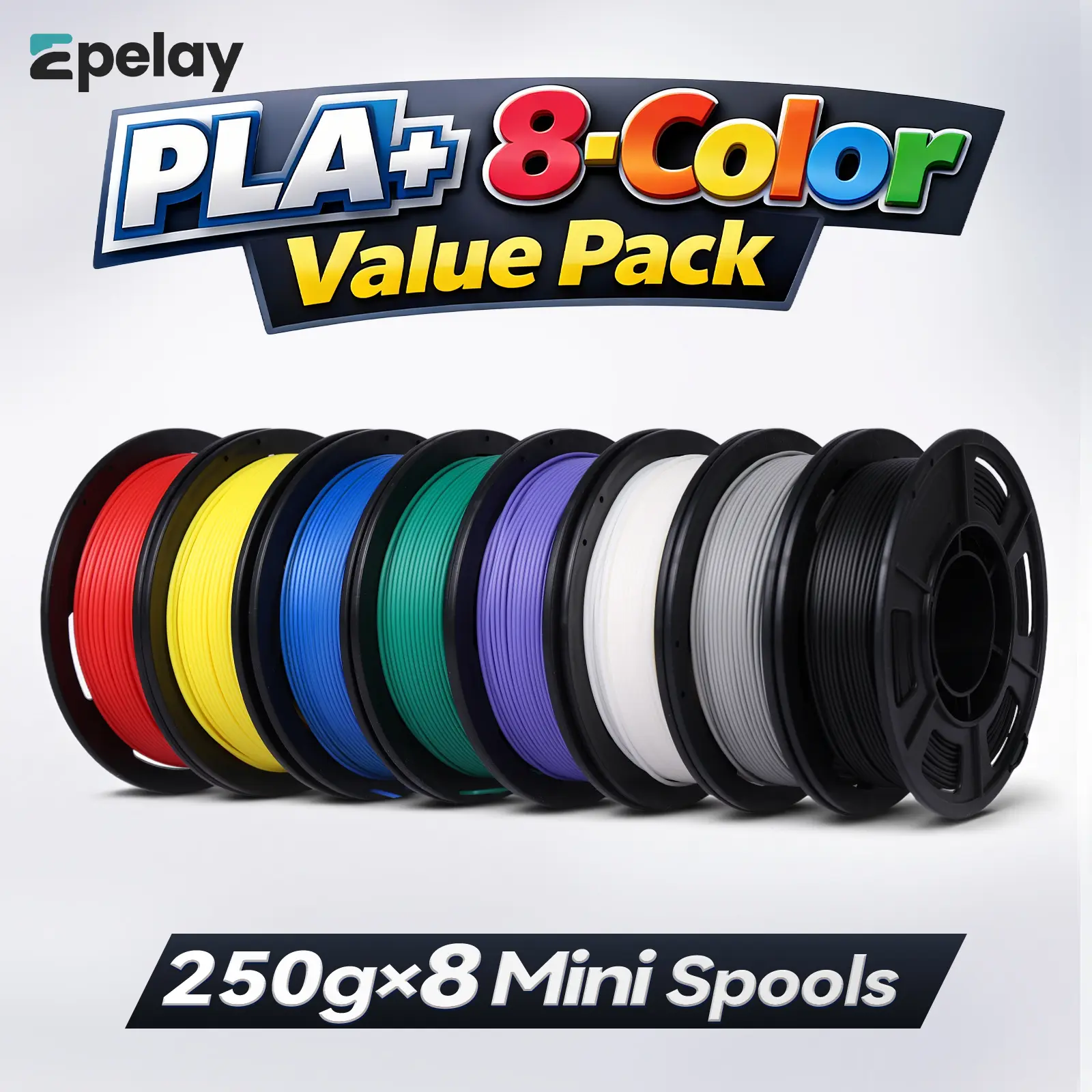 Epelay PLA+ Filament Bulk, 8-Pack Multi-Colors 1.75mm FDM-Ready 3D Printer Filament, 250g Each Spool, +/-0.02mm Accuracy, Neat Winding, Vacuum-Sealed, Smooth Printing for FDM 3D Printers