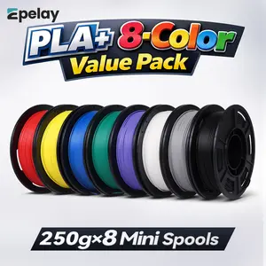 8-Pack PLA 3D Printer Filament Bundle, 1.75mm, 250g Each Spool, Black White Red Blue Gray Yellow Green Purple, +/-0.02mm, Neatly Wound, Vacuum Sealed for FDM Printing