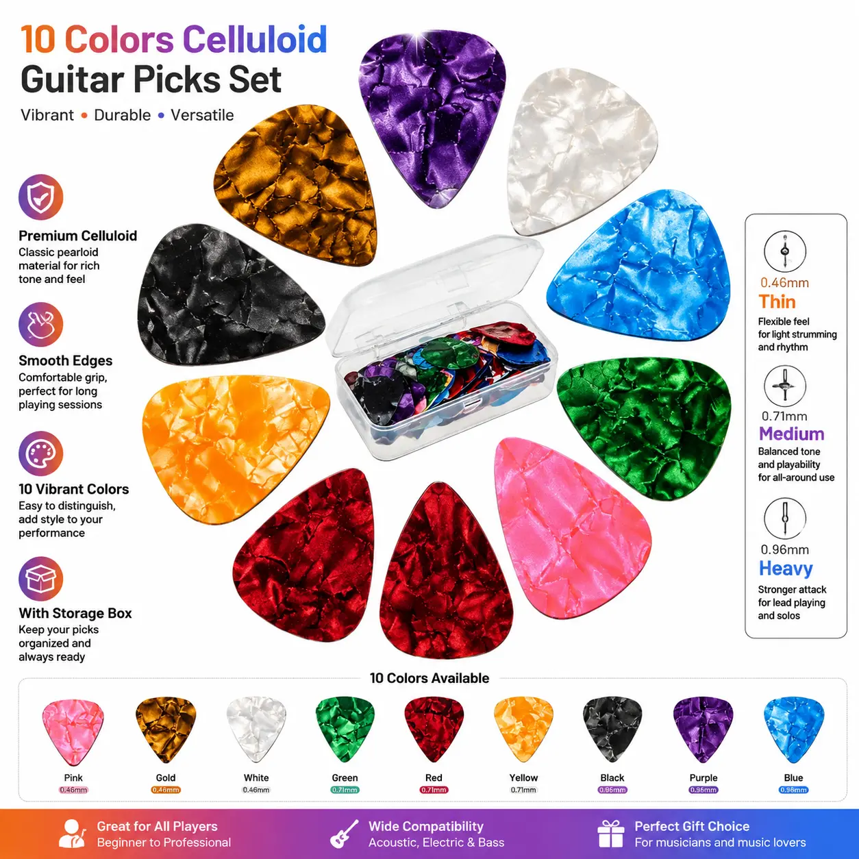 Celluloid Acoustic Guitar Picks Set - 21 Picks, 3 Thicknesses (Thin, Medium, Heavy), Lightweight Colorful, with Storage Box, Versatile for Guitar Play, Ideal for Beginners, with After-Sales Support