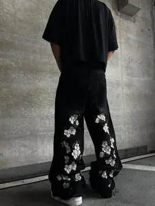Y2K Sakura Embroidered Loose Wide Leg Jeans, Street Style Vintage Casual Denim Jeans, Floral Embroidery Jeans for Women