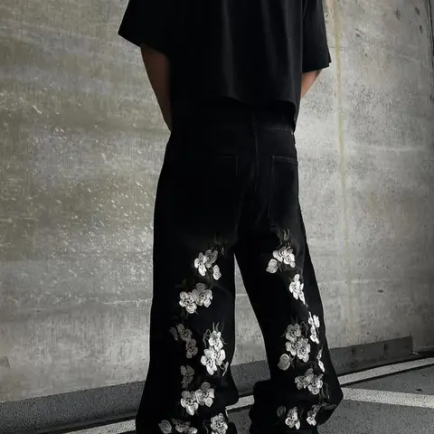 Y2K Sakura Embroidered Loose Baggy Wide Leg Oversized Jeans, Aesthetic Streetwear Street Style Casual Vintage Denim Floral Embroidery Jeans for Women, Denim Jeans Pants
