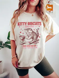 Valentines Cat Shirt, Kitty Biscuits Bakery Sweater, Funny Vday Cat Lover Pullover, Cute Kitten Baking Cookies Love Crewneck