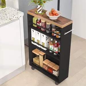 212 MAIN Engineered Wood 20 in. 4-Tier Narrow Rolling Kitchen Organiser Cart - Smooth Steel Display Rack, Slim Utility Cart with Wheels, Handle, Shelf for Compact Spaces, Brown & Black Finish