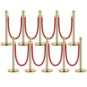 GARVEE Set of 10 Gold Stainless Steel Stanchion Posts with Hollow Bases, 5 FT Red Velvet Ropes, Safety Barriers for Parties and Events, Ideal for Carpet Runners and Crowd Control