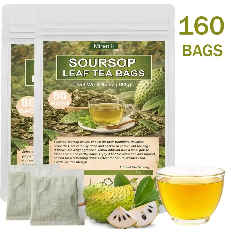 80/160 Count Graviola Soursop Leaf Tea Bags, Smooth Tropical Herbal Infusion for Hot or Iced Tea, Caffeine-Free Unsweetened Daily Drink