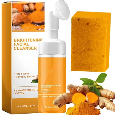 Daily Facial Turmeric Cleanser Multi-Pack - Facial Cleansing Set with Liquid Cleansing Milk, Mousse, Complimentary Lemon Soap, Anti-Acne Fresh and Clean Summer Gift for All Skin Types