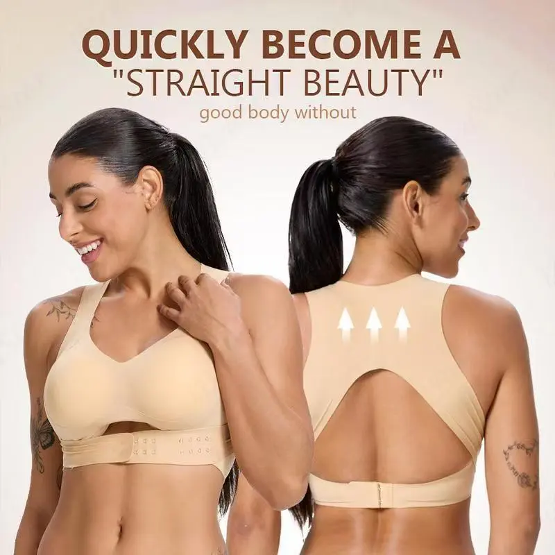 Women's Back‑Beauty Posture‑Correction Breathable Plus‑Size Anti‑Sag Lifting Shaping Sports Bra, V‑Neck Racerback Support Bra, Adjustable Front‑Hook Wireless Comfort Shapewear Bra for Hunchback Correction & Daily Wear
