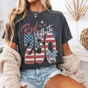 Comfort Colors Red White And 250 T-Shirt , American Flag Number Graphic With Stars Stripes And Blue Bow , America 250th Anniversary Shirt , 4th Of July Outfit , Patriotic Gift For Women