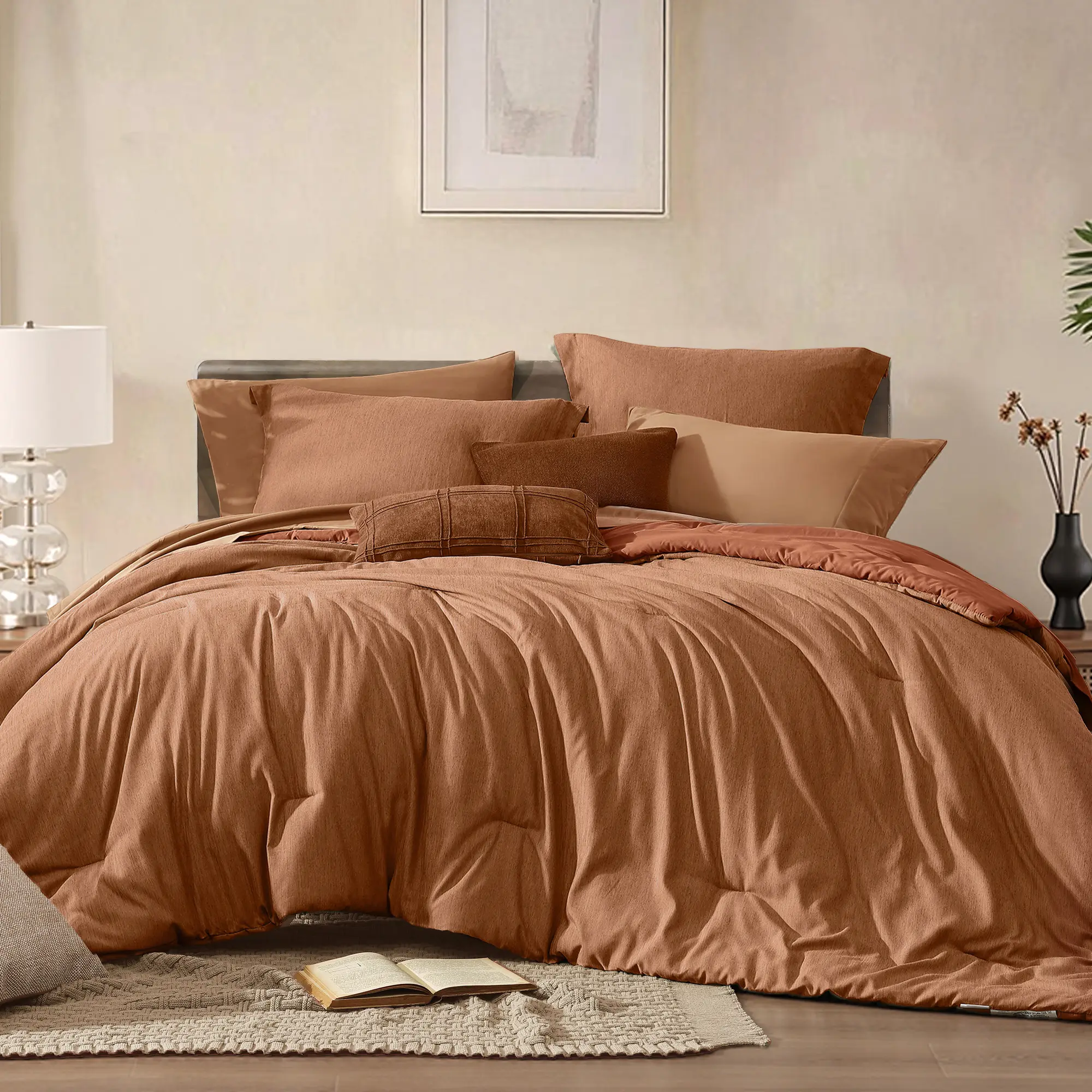 【FallPickDeals】Monbix Queen Size Bed Cover Set - 7-Piece Cationic Dyeing Microfiber Quilt Set, Cloud-Soft Texture, All Seasons Reversible Bedding with Double-Sided Pockets, Sheets, Pillowcases & Shams
