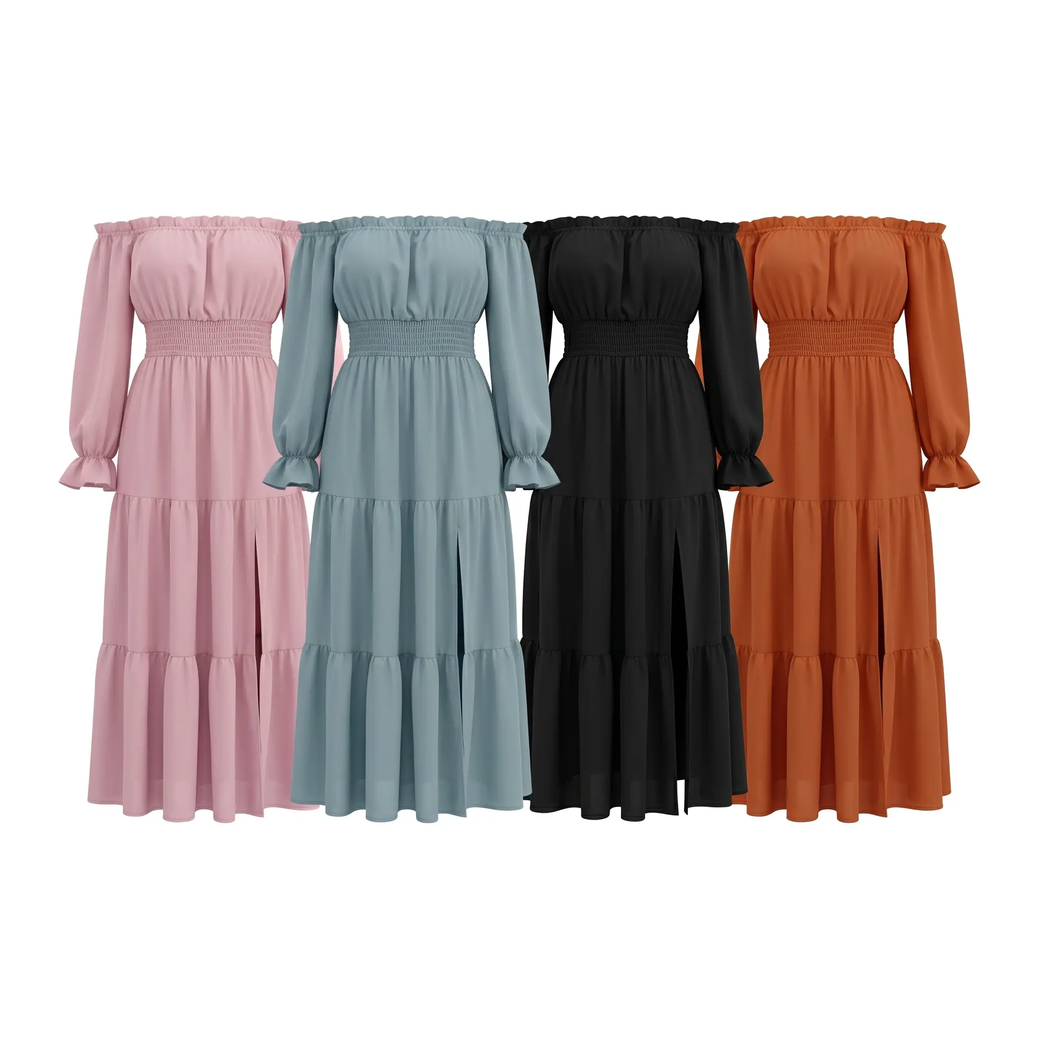 Women's 2025 Boho Chic Elegant Casual Off-Shoulder Long-Sleeve Smocked High-Waist Side-Split Flowy A-Line Tiered Maxi Dress, Longsleeves