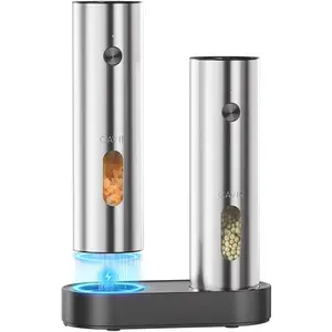 Electric Salt and Pepper  Set with  Base,Upgraded Large Capacity, Automatic Salt and Pepper Mill Set LED light & 6-Level Adjustable Coarseness, Ideal for  Kitchen BBQ