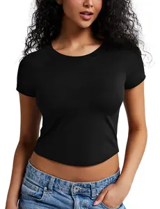 ZeroBound Women's Casual Crew Neck Crop Top with Built-in Shelf Bra, Short Sleeve Y2k Brami, Skin-friendly Elastic Fabric