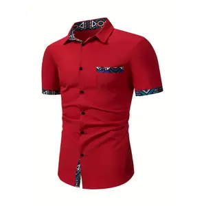 Stylish Ethnic Print Short Sleeve Shirt - Tuxedo Shirts for Business Formal Occasions with Geometric Trim Design, Button Up Closure, and Perfect Gift for Men