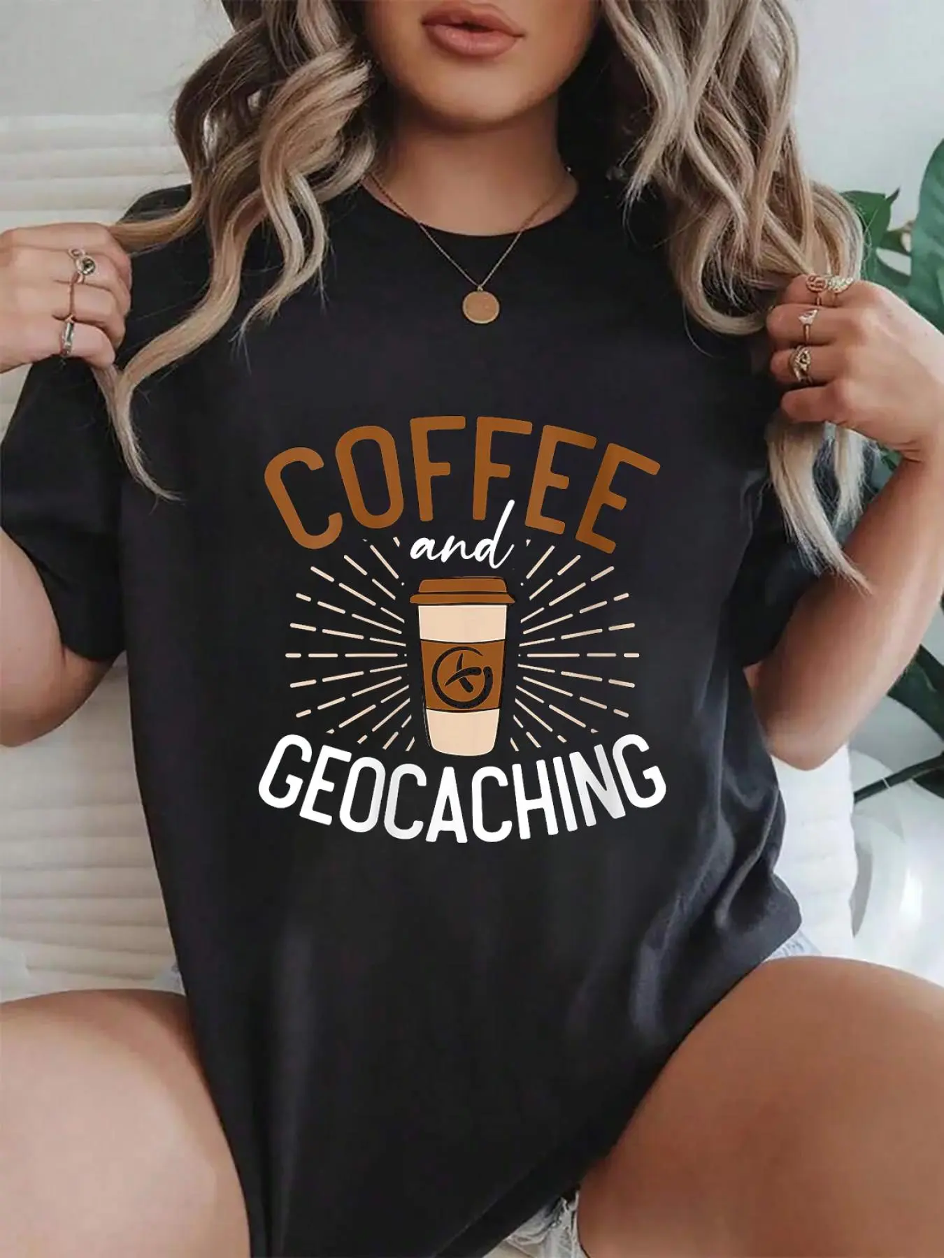 100% cotton Coffee And Geocaching Geocacher Treasure Hunting Pride Event o-neck T-Shirt Women Graphic T-Shirt Cotton Print short Sleeve Casual Top, Summer Tee Womens Tops