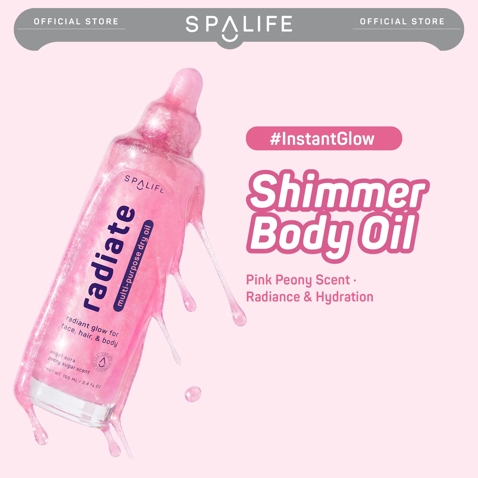 Radiate Illuminating Body Shimmer Oil – Hydrating Dry Oil for Face, Body & Hair | Macadamia Oil, Vitamin E, Coconut Extract & Peony Scent | Boosts Smoothness with a Silky, Shimmering Finish