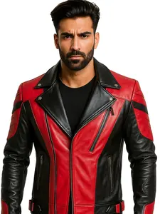 Men's Biker Faux Leather Jacket Red & Black Moto Style Red and Black ColorComfortable and Stylish
