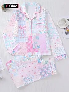 Women's Floral Bow Full-Print Sleepwear Set, Comfortable Long Sleeve Cardigan Top & Loose Elastic Pants, Casual Fall Winter Pajamas Loungewear