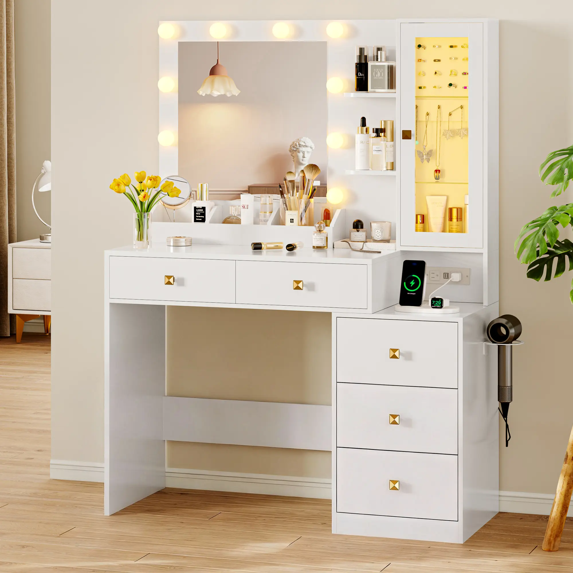 Bedroom Makeup Vanity with Illuminated Mirror, 5 Large Storage Drawers Vanity Set, Adjustable RGB Light, Power Outlet and Matching Chair, White Compact Dressing Table fathers day gift ideas