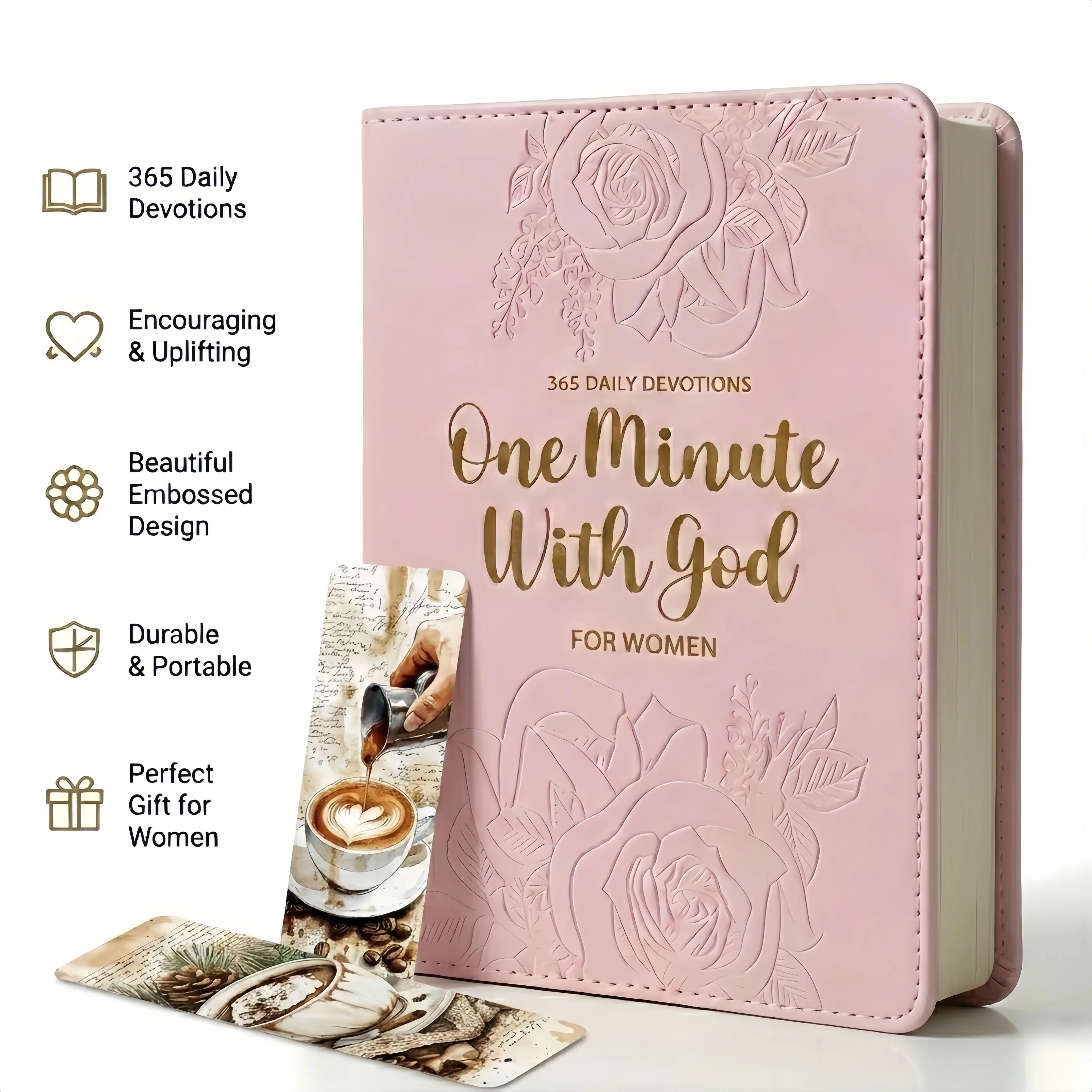 Women's Non-Customized Devotional Notebook - Pink Faux Leather, 365 Daily 1-Minute Entries, Bookmark Included, Beautiful Embossed Design, Durable & Portable, Encouraging & Uplifting, 1 Size, Spiritual Christian Office Stationery Gift for Mom & Women