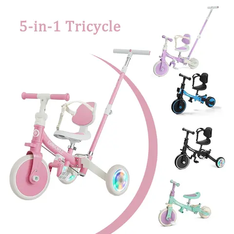 Bobike 5-in-1 Portable Toddler Tricycle (1-3 Years) - Convertible Ride-On Wheels, Balance Bike, Pedal Bike with 135° Rotating Pushbar Guides Turns, 31.89-39.37" Adjustable Bar, Backrest, 3-Point Harness, Light-Up Wheels, Toddler Bicycle Stroller for Kids