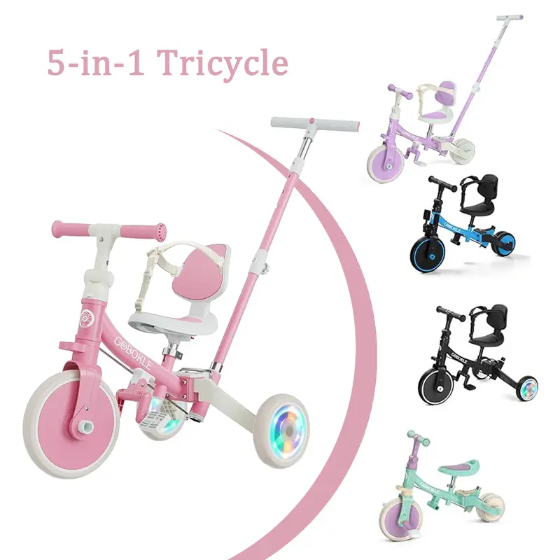 Bobike 5-in-1 Portable Toddler Tricycle (1-3 Years) - Convertible Ride-On Wheels, Balance Bike, Pedal Bike with 135° Rotating Pushbar Guides Turns, 31.89-39.37" Adjustable Bar, Backrest, 3-Point Harness, Light-Up Wheels, Toddler Bicycle Stroller for Kids
