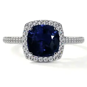 Classic Square Cushion Blue Sapphire Halo Ring with Pave Set Diamonds (2.14cttw)- RBS015-7X7-AA