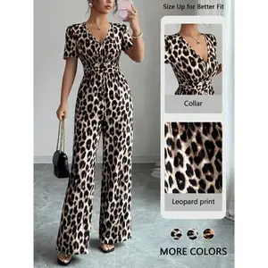 Women’s leopard-print V-neck jumpsuit, Y2K style, pleated waist with a strap, wide legs, made from a comfortable stretch fabric—perfect for dates and outings. Larger sizes fit better. GARMENTARY