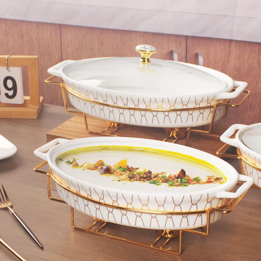 x 7 Ceramic Oval Casserole Dish with Glass Lid and Gold rack, 30 ounce Serving Soup Tureen,Chafing Dish for Buffet, Family Food