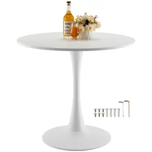Fathersdaygift 31.5 in Round MDF Wood Space Saver Dining Table, Tulip-Shape Pedestal Base, Modern 2-4 Person Furniture, Home Kitchen Coffee/Office Use (Table Only, White)dealsforyoudays