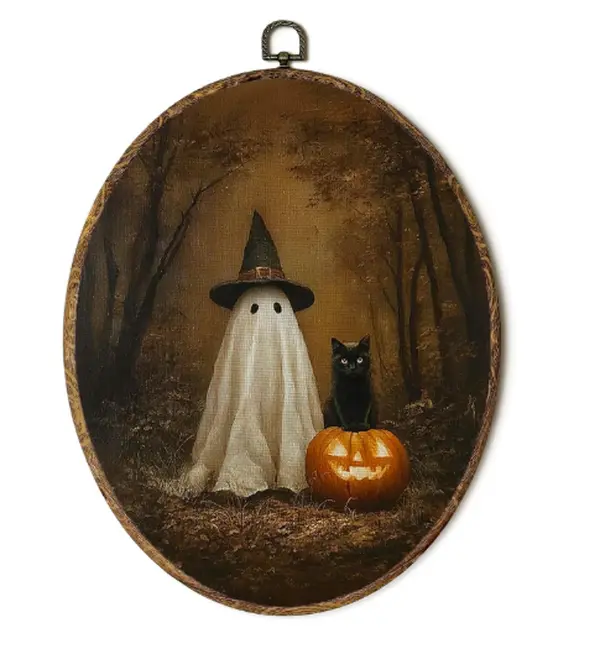 Witch Ghost Black Cat Pumpkin Halloween Oval Wall Art Decor, Dark Halloween Vintage Fall Spooky Witchy Ghost Hanging Frame for Room Decor 8.5x11.5 Inch